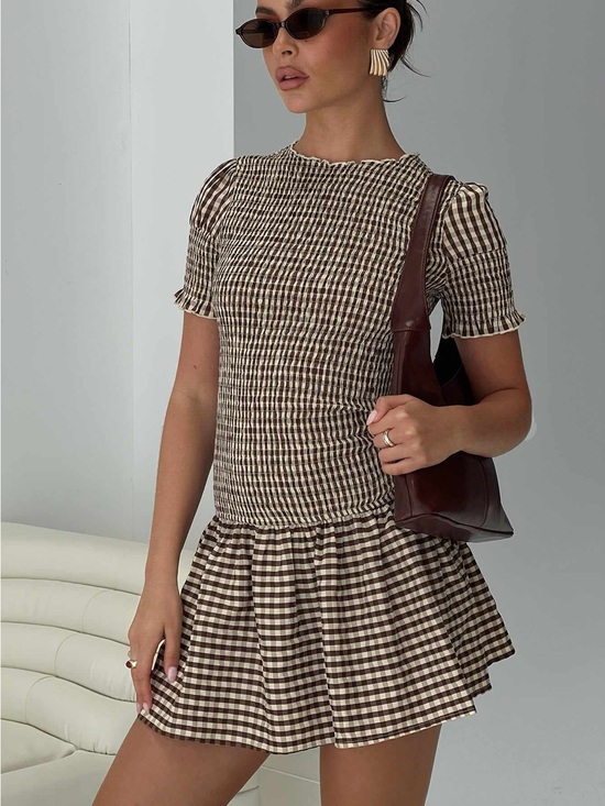 Princess Polly Dresses & Skirts - Princess Polly Women’s Laurita Shirred Mini Dress Size 4 Brown Check New W/ Tags